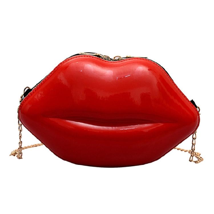 Schultertasche mit Kette, Kunststoff-Lippenform, Kleine Abendtasche mit Reißverschluss