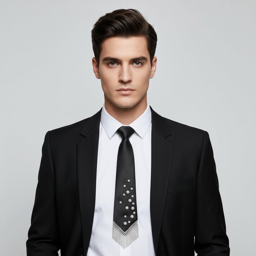 Korean Style Pearls Tie Black Decoration Shirt Tie Hand-beaded Long Necktie  Women