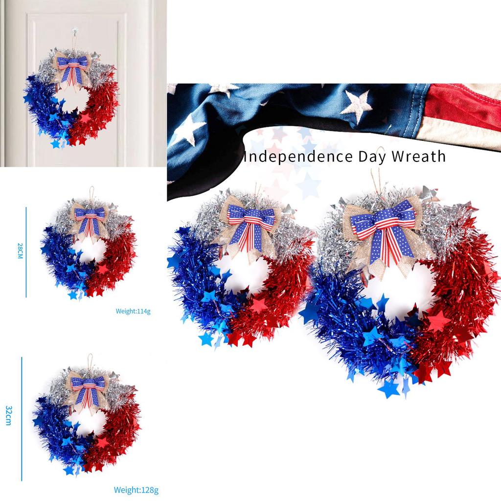 Festlicher Rot-Silber-Blau Unabhängigkeitstag Kranz mit Schleife für Haus und Garten