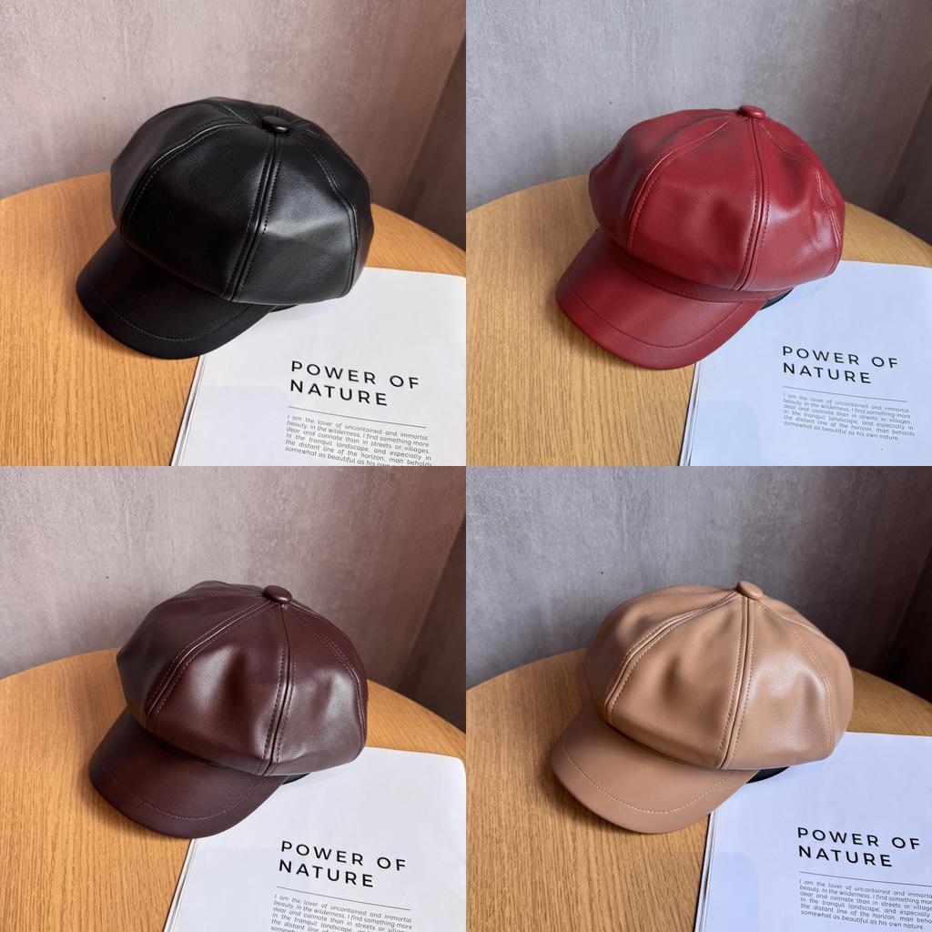 Retro Style Octagon Hat For Girls In Pu Leather With Sunshade And Breathability