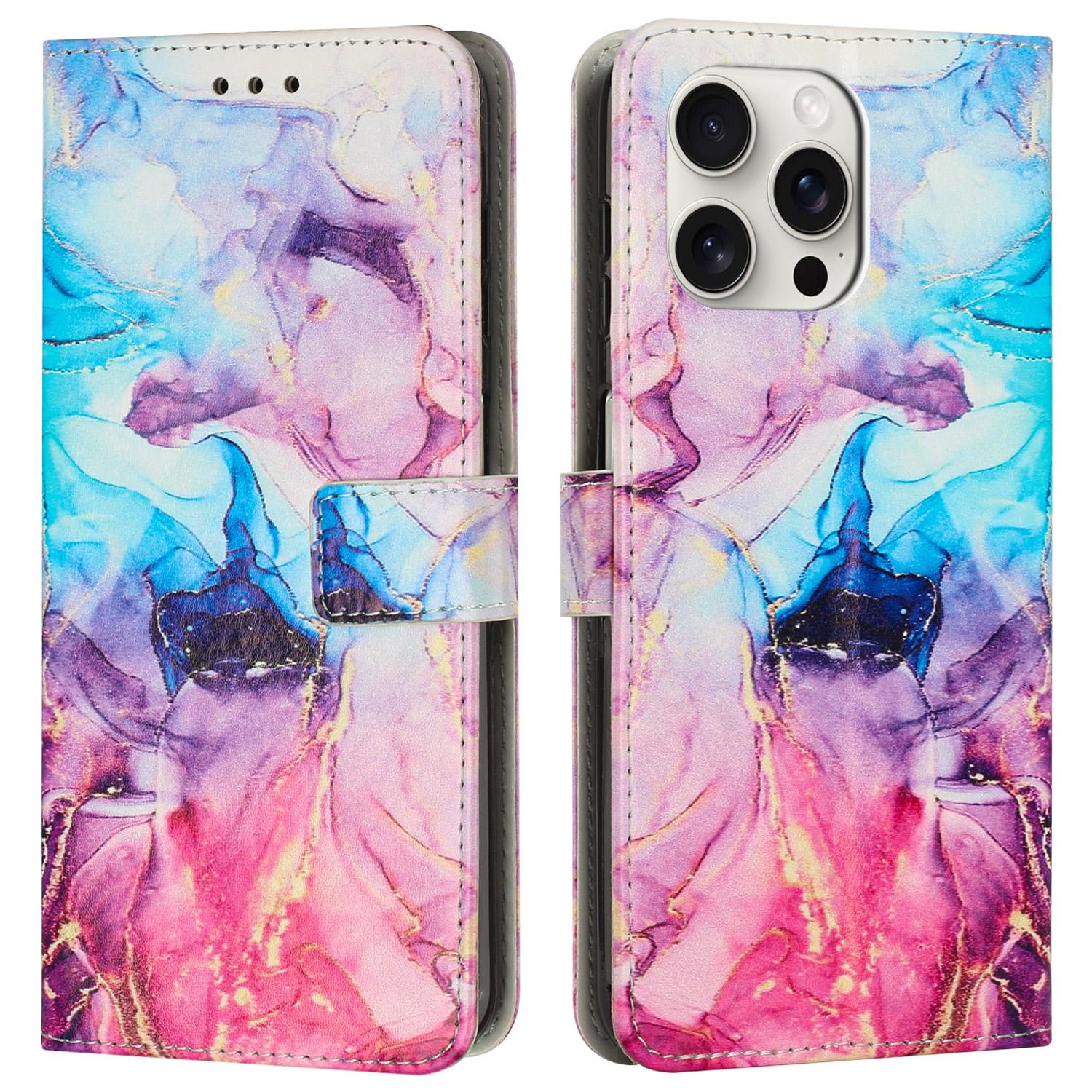 

For iPhone 16 Pro Max Stand Case Marble Pattern PU Leather Wallet Phone Cover with Wrist Strap Pink/Purple