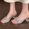 Transparent crystal heel French small cool slippers fairy shoes 2025 new summer outer wear temperament medium and high heel sandals