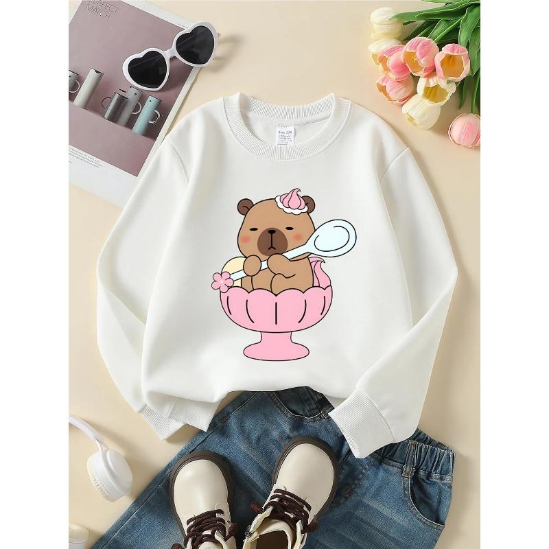 Kids Crewneck Sweatshirt, Cute Bear Ice Cream Bowl Print 110 белый