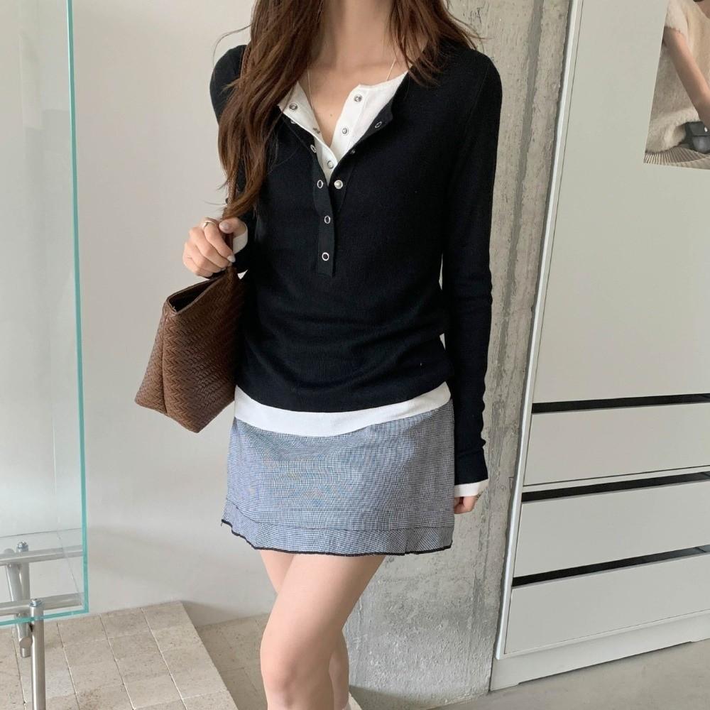 Retro Design Long Sleeve Top Patchwork Base Shirt Trend Top Women's Layering T-Shirt Autumn Season