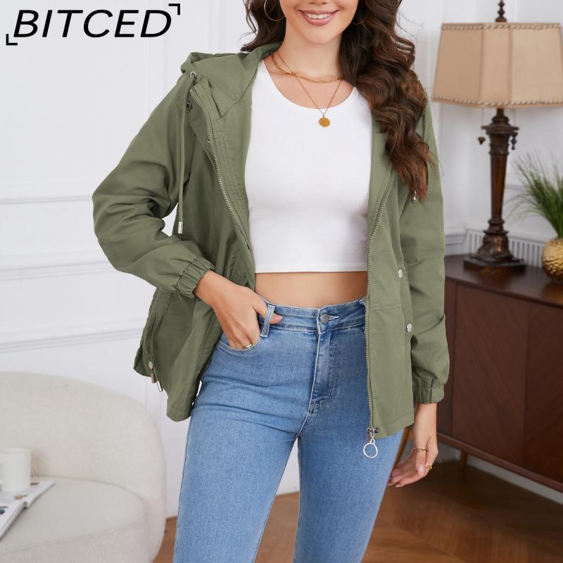 BITCED Spring/Autumn Casual Trench Coat for Women Loose-Fit Windproof Jacket with Hood Long-Sleeved Windbreaker