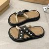 Cool Slippers Women's 2025 Summer New with Skirt Beaded Thick Bottom Cross Beach One Word Fashion Slippers