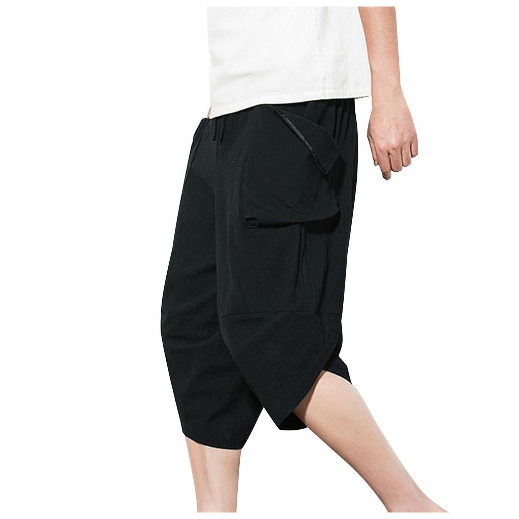Men's Casual Fashion Solid Color Cotton Linen Pants Big Pocket Cropped Pants