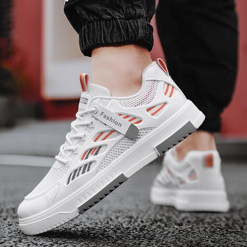 Men's White Mesh Breathable Low-Top Sneakers - Thick-Soled Casual Skateboard Shoes for Spring and Summer.
