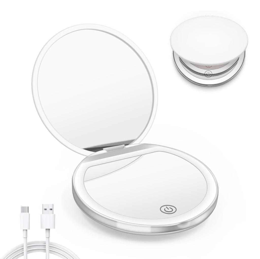 LED Compact Mirror with Lights 1X/3X Magnification Pocket Mirror with Rechargeable Travel Portable Handheld Mirror for Gifts
