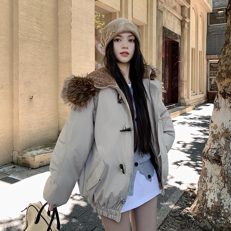 Big Fur Collar Hooded Cotton Jacket Women's Short New Winter Small Thickened Tooling Pie Overcome