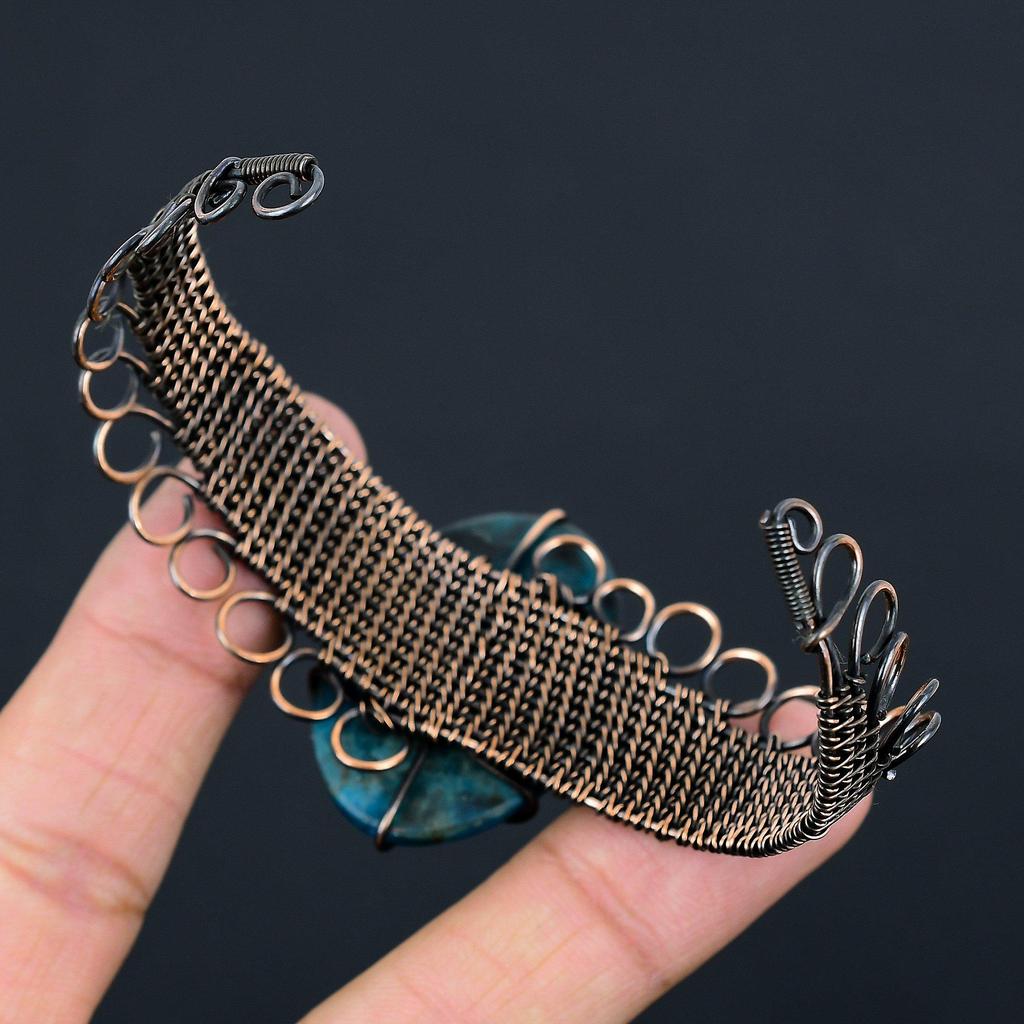 Neon Blue Apatite Pure Copper Wire Wrapped Handmade Jewelry Bangle Bracelet Adjustable For Gift