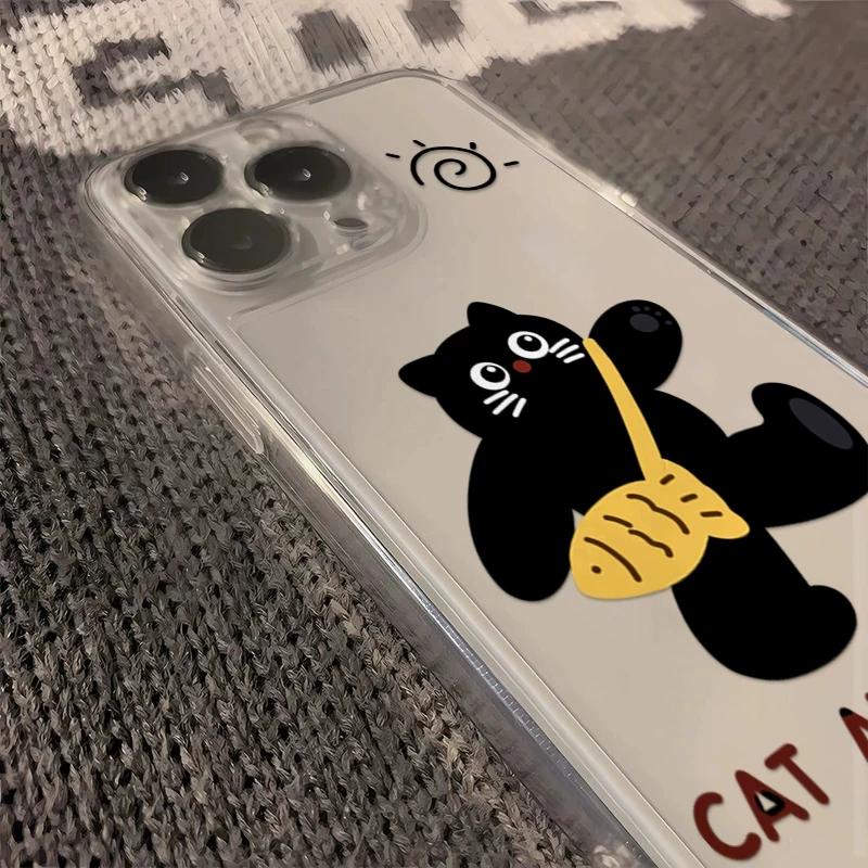 Cute Black Cat & Fish Clear Phone Case, Cartoon Animal Shockproof Cover for iPhone