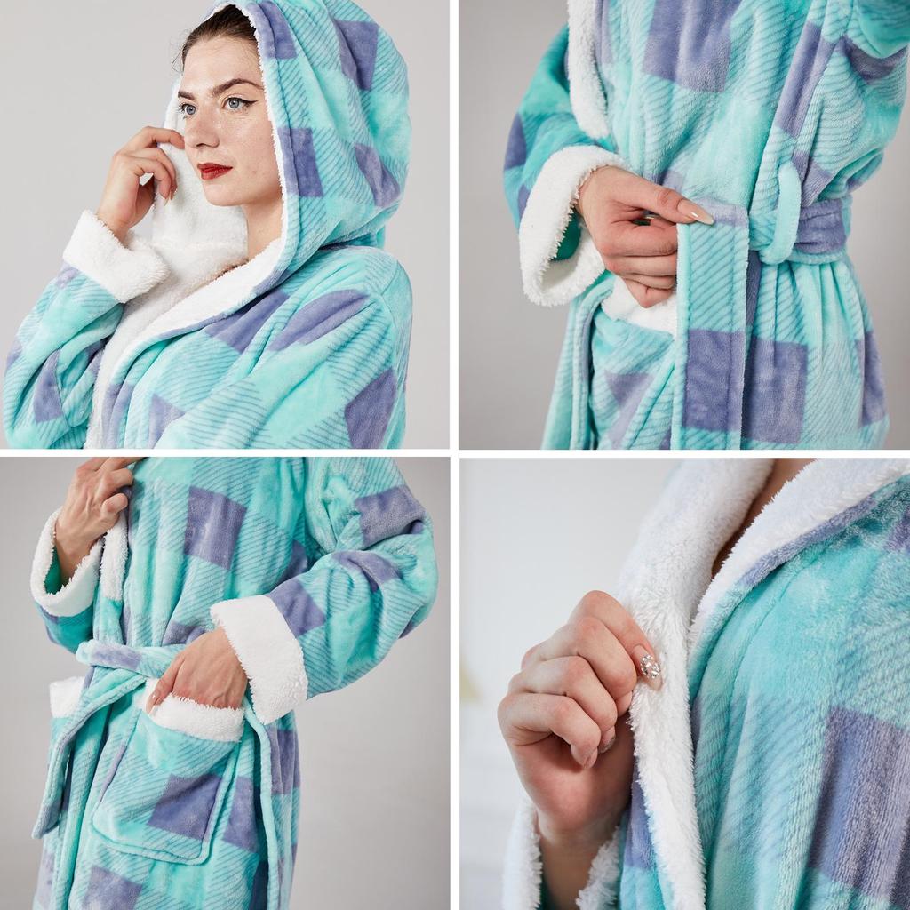 European & American Style Casual Warm Flannel Plaid Hooded Bathrobe Pajamas