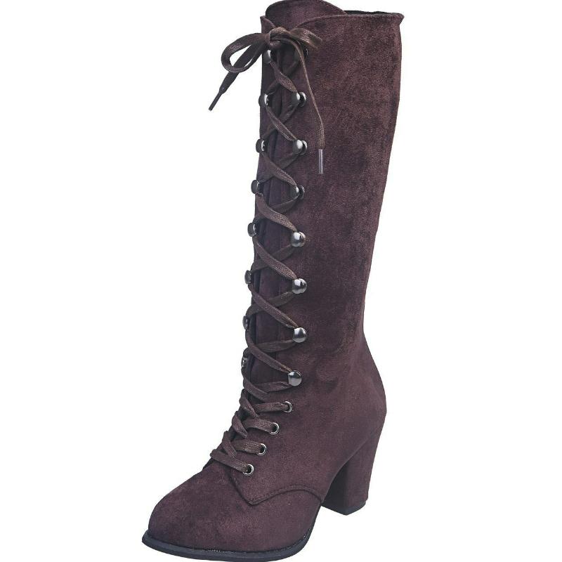 Women's Boots Suede Long Boots 2026 Retro Round Toe Mid-Calf Boots Solid Color Cowboy High Heels Lace Up Thick Heels Women Shoes