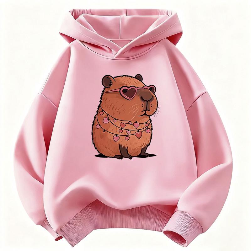 Fashion Children Hoodie, Sweet Capybara Cartoon With Heart Garland Decor Pattern Pullover Sweatshirt, Fall Winter Casual Sport Long Sleeve Top
