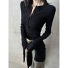 Spice Girl Single-breasted Front Shoulder Collar Top Women's Spring Slim-fitting and Thin Long-sleeved Inner Black Shirt Tide