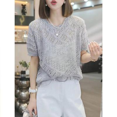 Women Summer Round Neck Thin Commuter T-shirt Short Sleeved Knitted Sweater