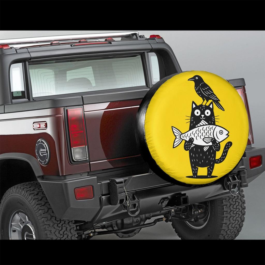 Funny Cat Holding Fish and Crow Spare Tire Cover Cute Animal Black Cat 4x4 SUV Wheel Protector