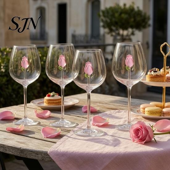 Bicchieri di Lusso per Feste Bicchiere da Vino Rosso con Rose e Foglie Verdi Decorato, Calice Trasparente Squisito Design Floreale, Bicchiere Decorativo,