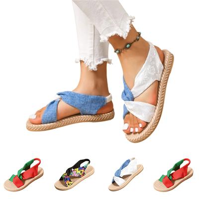 Sandale plate cu bretele încrucișate pentru femei, mărimi mari, partea superioară din material textil, baretă elastică la spate, încălțăminte casual de vară pentru exterior și interior