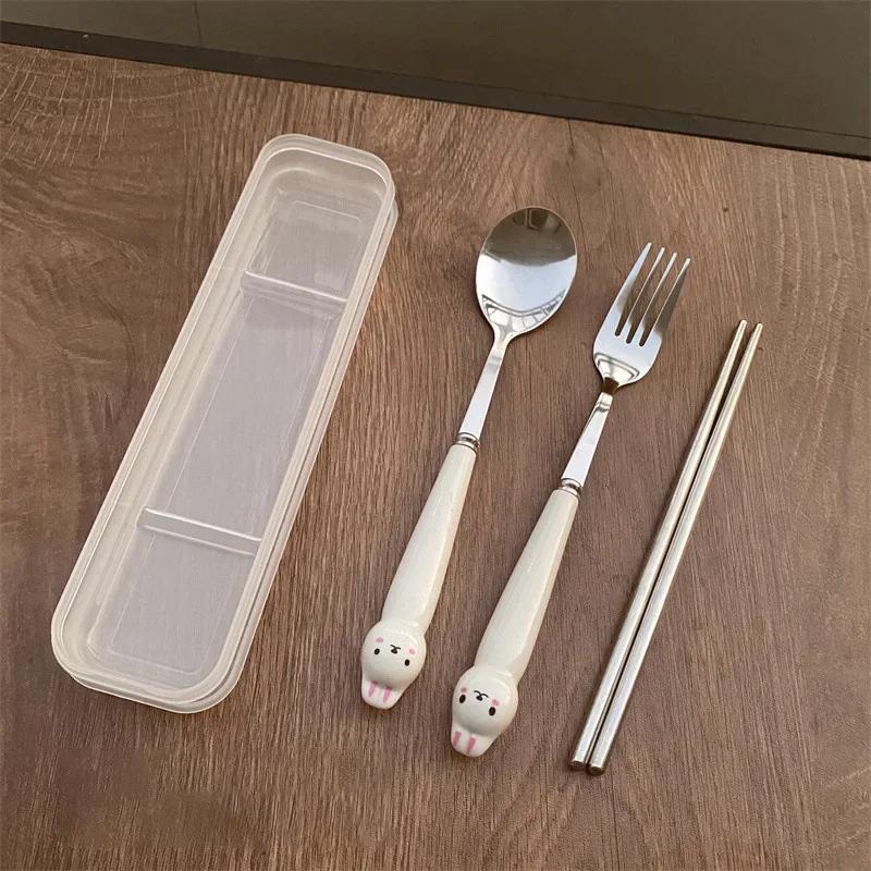 Stainless Steel Cartoon Knife Fork Spoon Kitchen Dinnerware Animals Glossy Ceramic Handle Set With Box For Dessert Steak