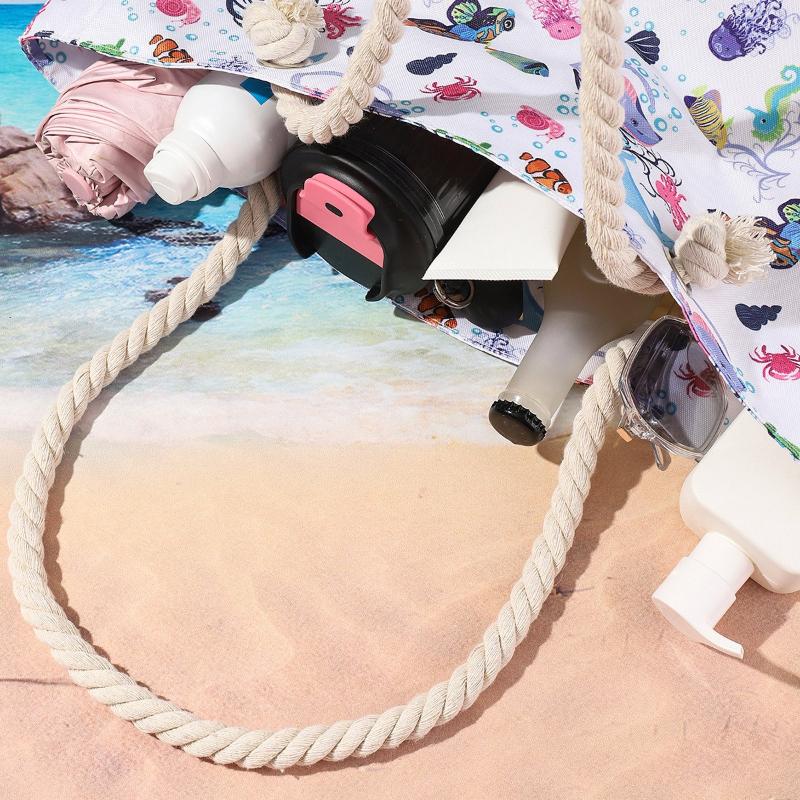 Women Canvas Beach Tote Bag Large Capacity Summer Shoulder Bag Zipper Closure Travel Shopping Handbag
