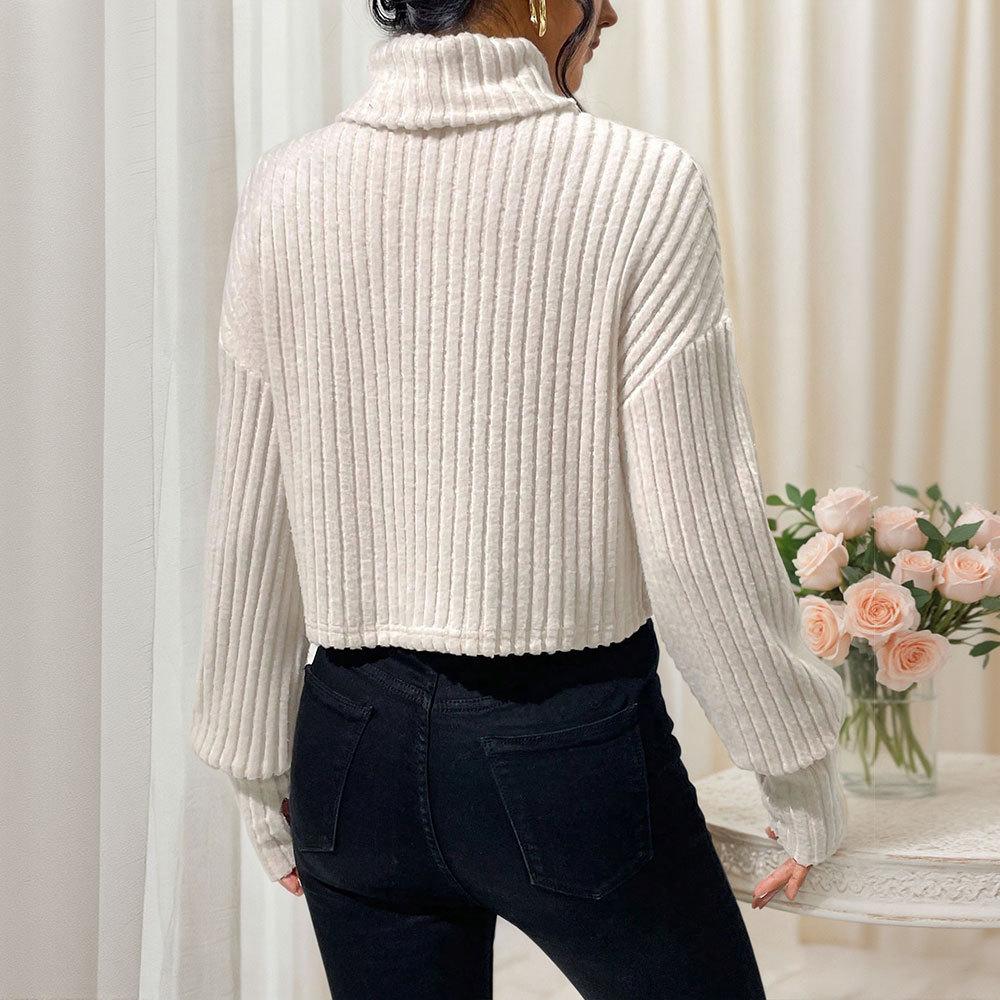 Europe, America Spring and Summer New Solid Color Threaded Knitted Pullover Short Turtleneck Bottoming Shirt Top