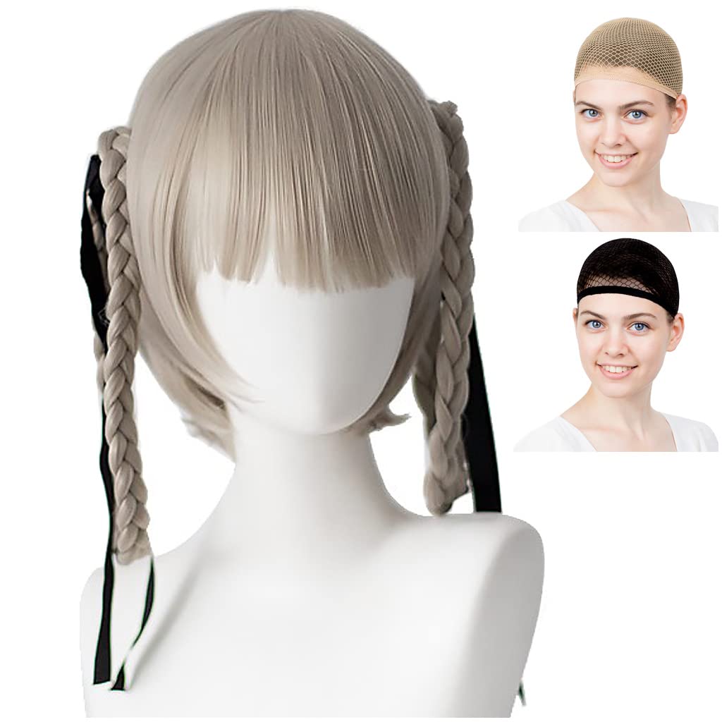 CaseEden Cosplay Wig, Braided Twin Tail, Heat Resistant, Champagne Gold and Platinum Blonde, Set of 2 Wig Nets