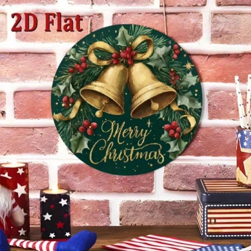 Metal Wall Art Vintage Christmas Bells Sign Golden Holly Dark Green Decor