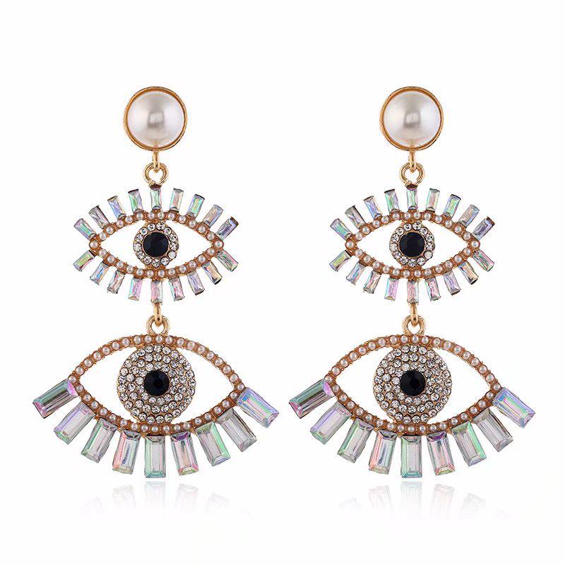 Exaggerated European & American Fashion Devil's Eye Fan-Shaped Rhinestone Tassel Earrings