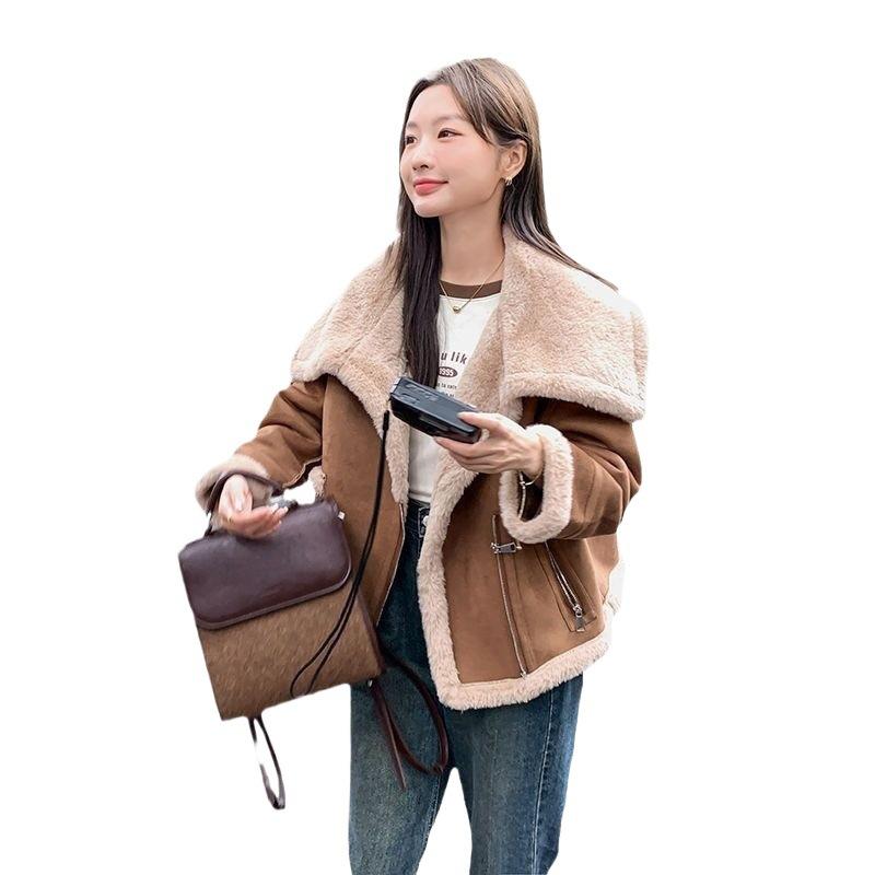 New imitation wool short fur coat winter thickened small locomotive wind fur integrated jacket women