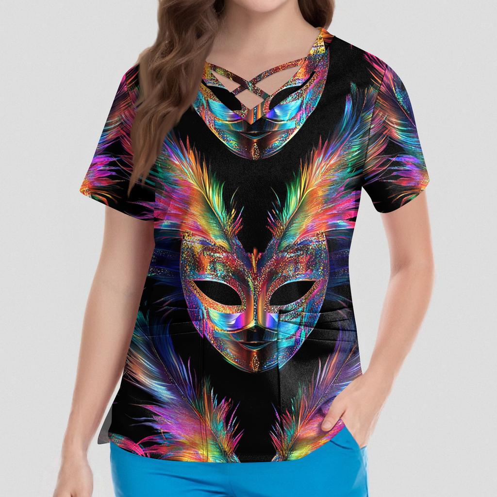 Dam Kortärmad Stagger V-ringad Tryck Ficka Torr-Topp