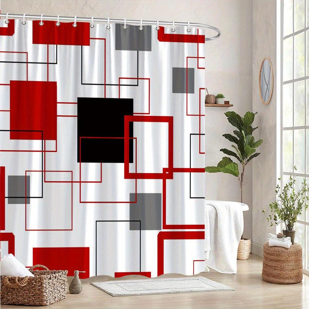Modern Geometric Shower Curtain 180X180Cm – Red Black Gray Interlocking Shapes On White, Minimalist Bathroom Decor, 12 Hooks