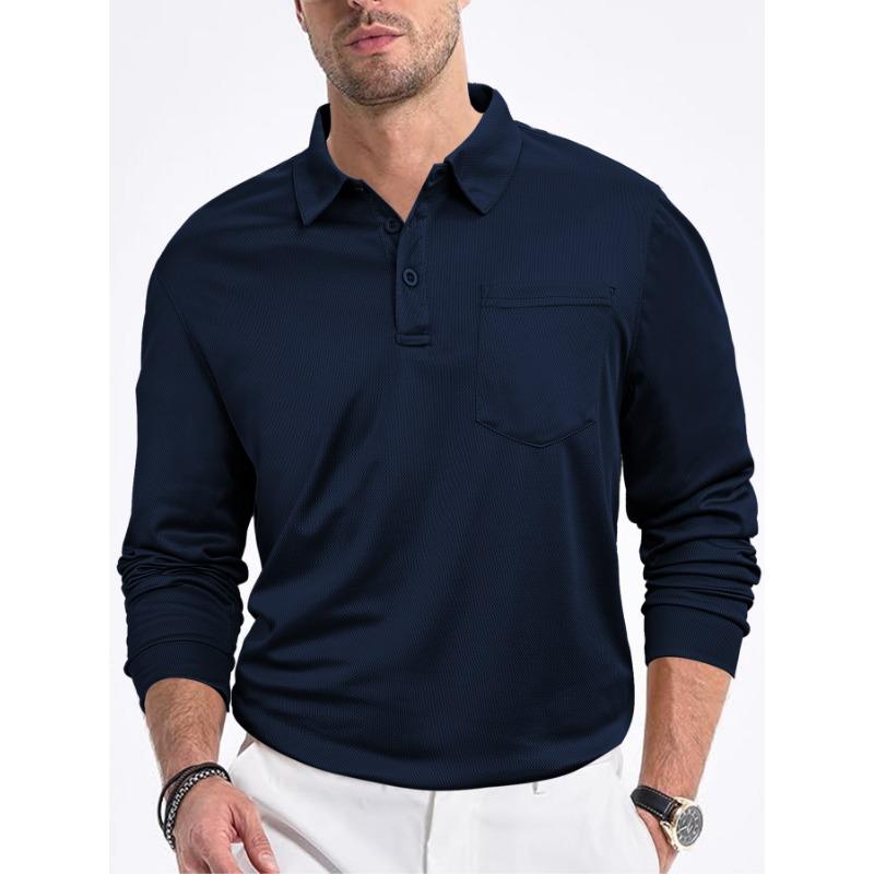 Men White Textured Long Sleeve Polo Shirt with Chest Pocket Casual Business Top