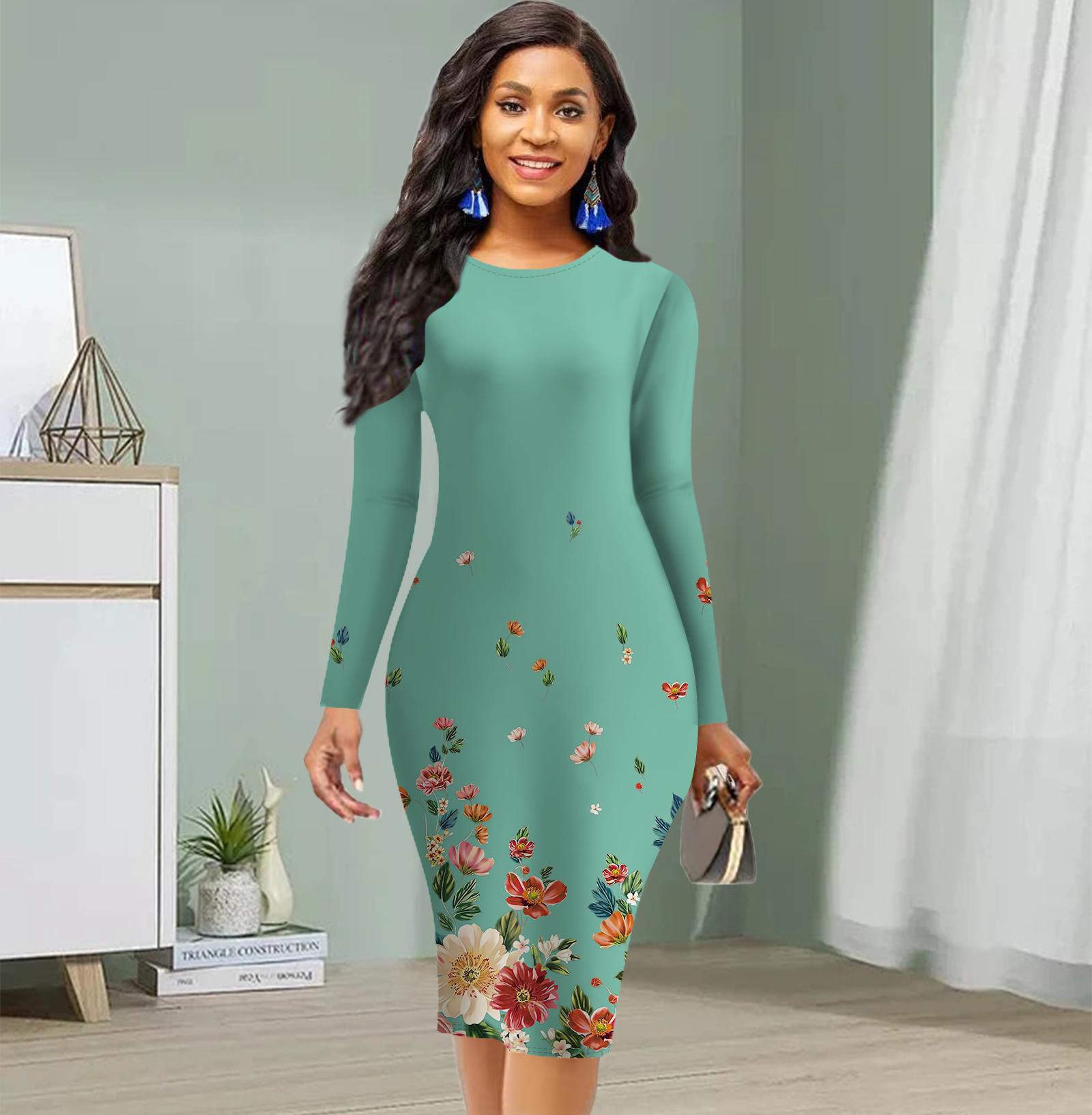 

Длинный рукав, талия, облегающее, офисное, облегающее, с принтом сада, элегантное облегающее платье 8XL светло-синий