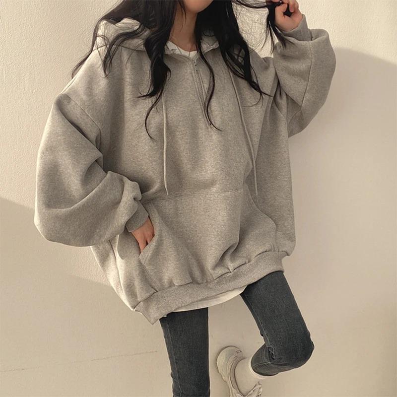 Damen Cardigan Hoodie Streetwear Grau Harajuku Oversized Oberteil Sweatshirt Damen Lässig Langarm Tasche Kapuzenmäntel