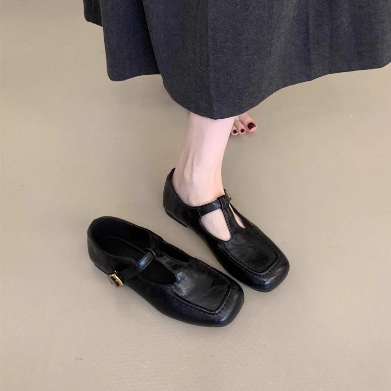 Soft-soled Version~ Retro Brown Flat-bottomed Square-headed Mary Jane Shoes, Autumn New Shallow-mouth Soft-soled Single Shoes, One-pedal Women
