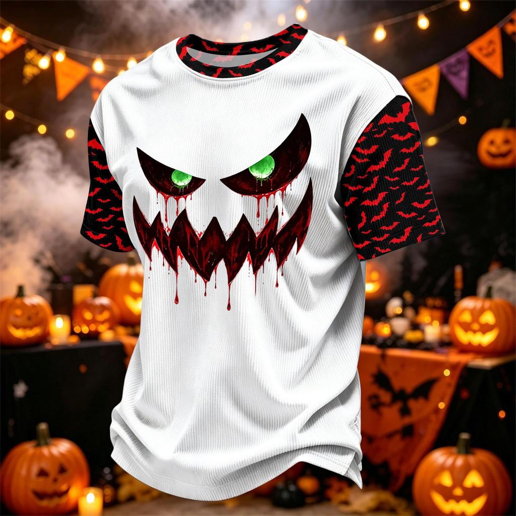 Men's Casual Corduroy Short Sleeve Crew Neck Lightweight Breathable T-Shirt Halloween Print Lettering Design
