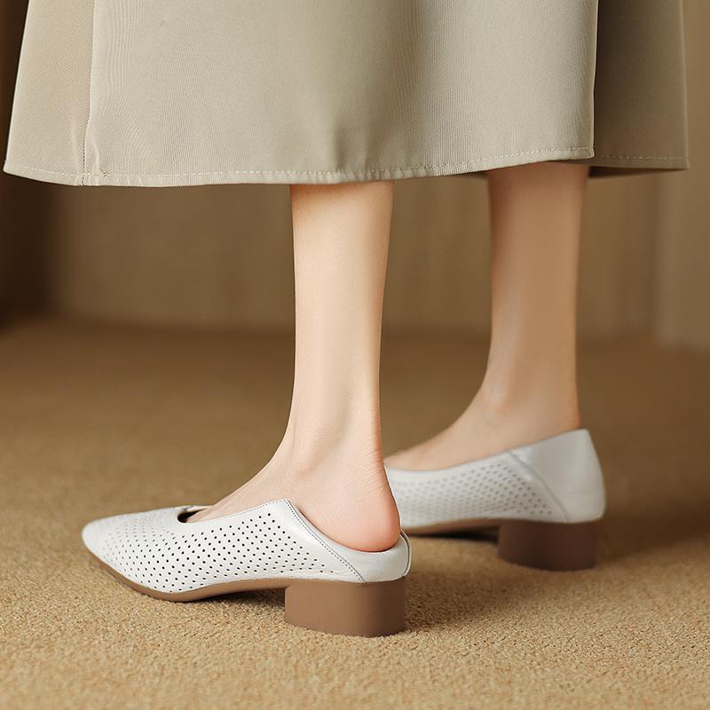 

Krazing Pot Sheepskin Spring Summer Size 41 Thick Low Heels Women Pointed Toe Hollow Decoration Breathable Slip on Pumps 41 слоновая кость