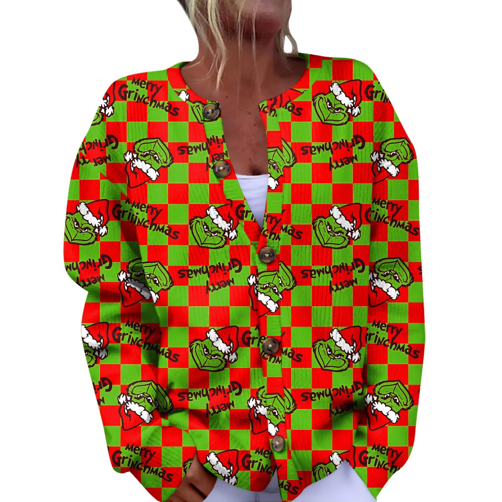 

Женская мода рождественский принт длинный рукав вязаный кардиган пуховик M красный