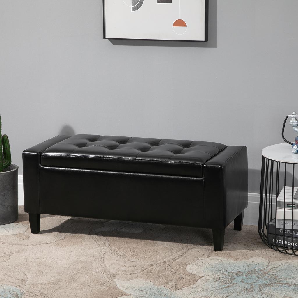 PU Leather Storage Ottoman Bench Storage Chest Tufted Ottoman Cube W/ Flipping Top 92L X 40W X 40H Cm Black