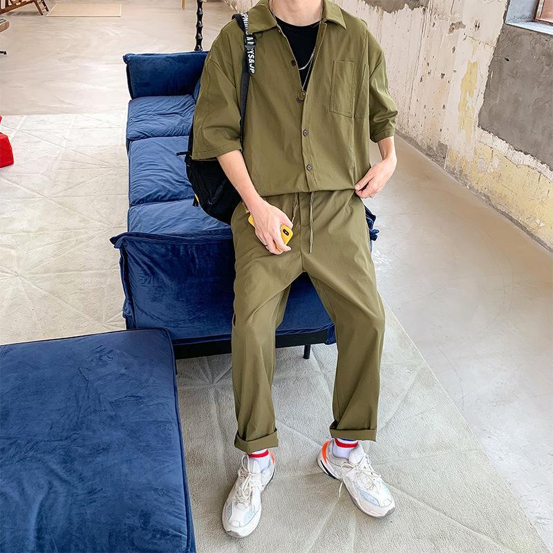 Men's Overalls Jumpsuits Summer Fashion Casual Nine Point Cargo Pants Japanese Retro Male Clothes Couple Loose Solid Color Suit