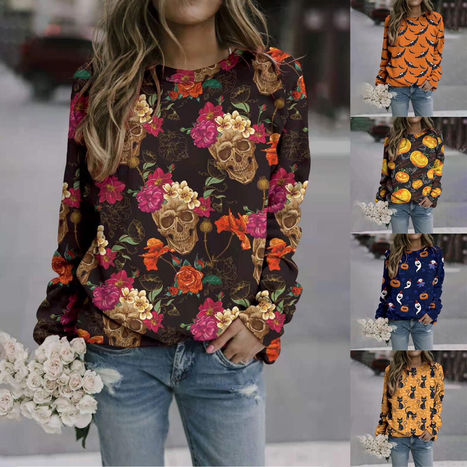 

Хэллоуин Повседневные толстовки с принтом Термальные футболки с круглым вырезом и длинными рукавами Свободные