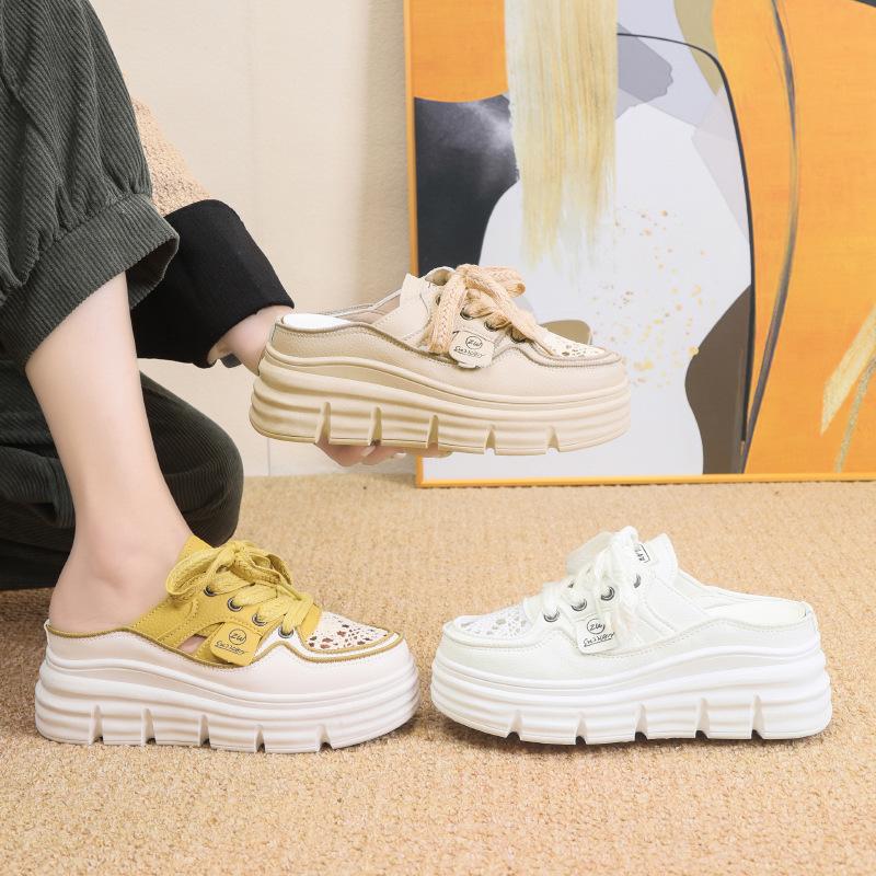 Baotou half slippers women's shoes wear new summer versatile breathable inner height increase white shoes