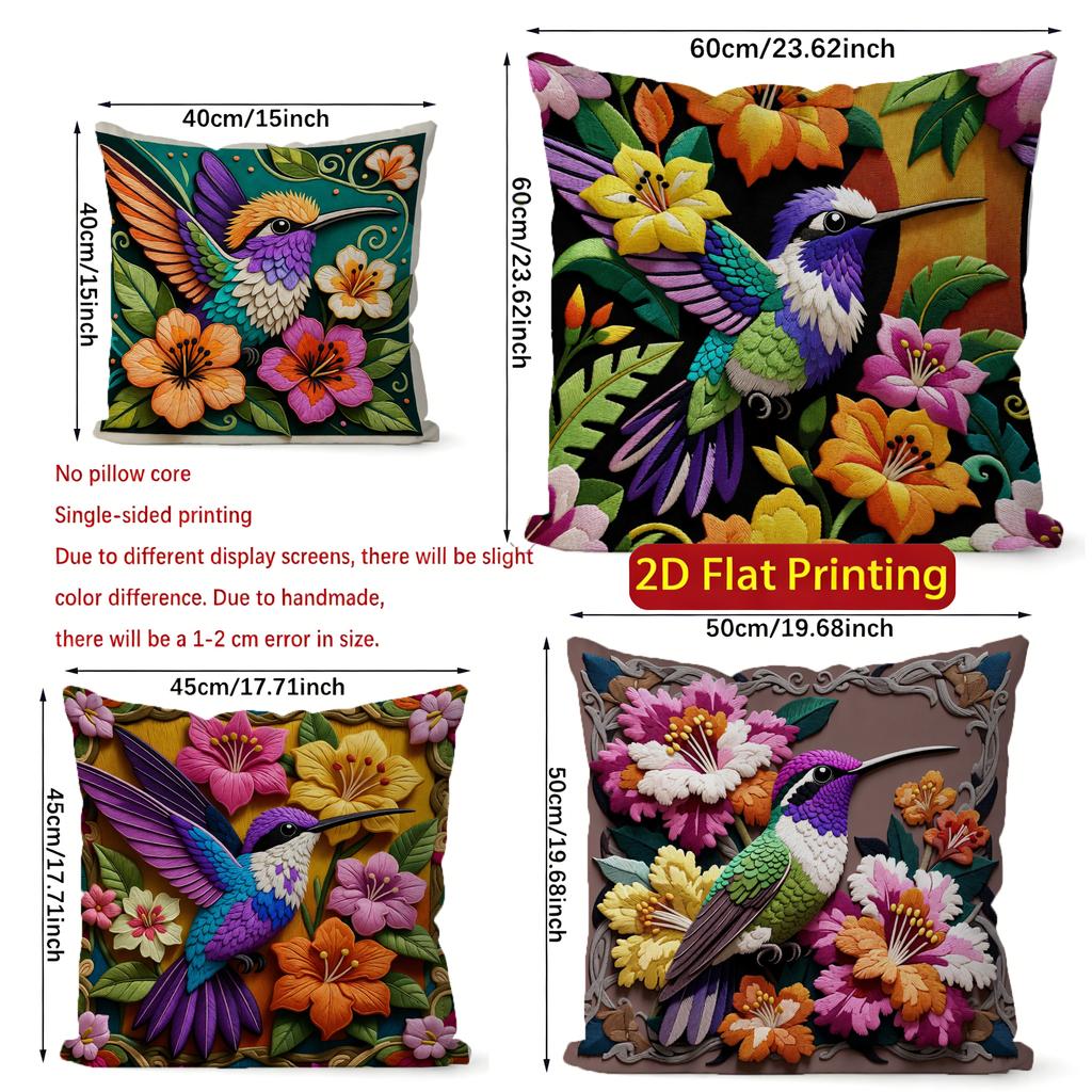 2D Hummingbird Floral Print Decorative Pillow Covers Pattern Cushion Cover Suitable For Sofa Bedroom Car Pillow Cover