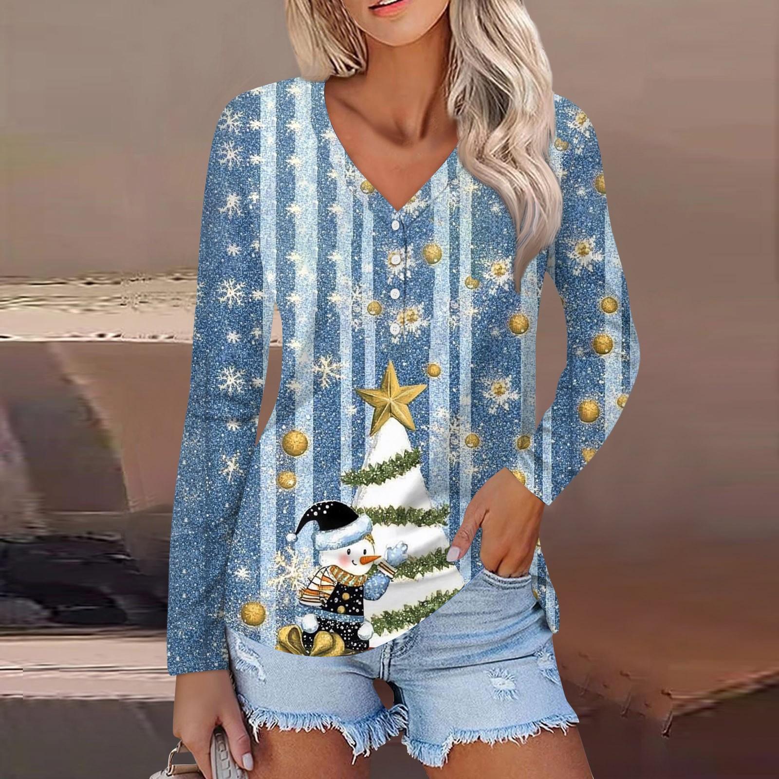 

Женская мода повседневная с длинным рукавом рождественский принт V-образный вырез на пуговицах S красный