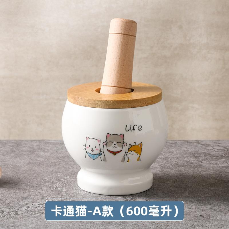 Cartoon Cat Ceramic Jar, Mashed Garlic Mortar Garlic Porcelain Jar Household Garlic Masher Pounding Medicine Jar Spice Grinder