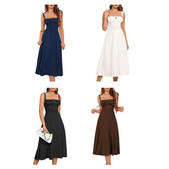 Women Sleeveless Dress Spaghetti Strap Square Neck Midi Dress Lace-Up Swing Long Dress Flowy A-Line