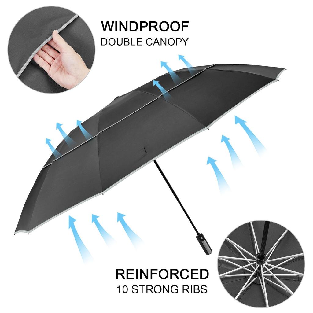 G4Free Windproof Inverted Umbrella with Reflective Large Compact Reverse Golf Umbrella for Double Canopy Travel Umbrella with Auto 62-inch Stripes,
