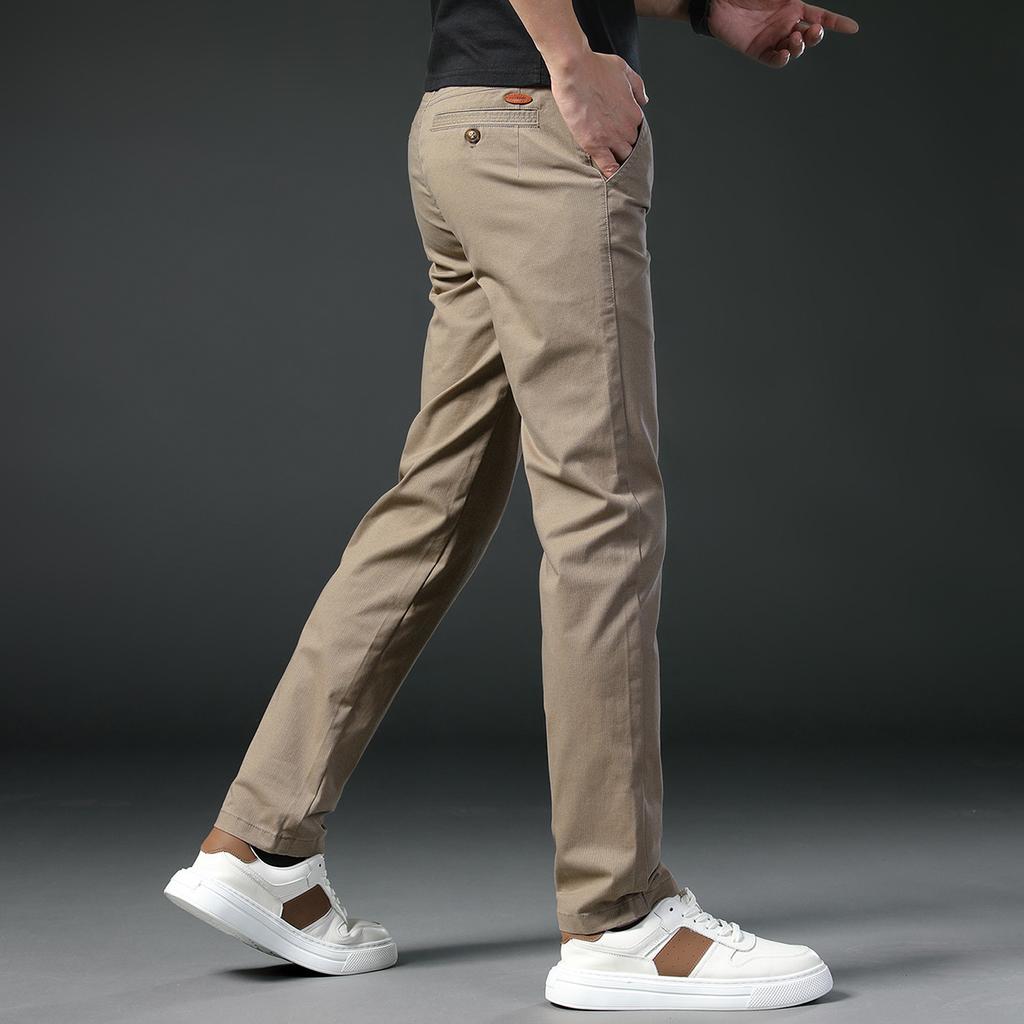 Business Casual Pants Men's Slim-fit Straight Spring and Autumn Thick Pure Cotton New Elastic Trousers Men's Autumn